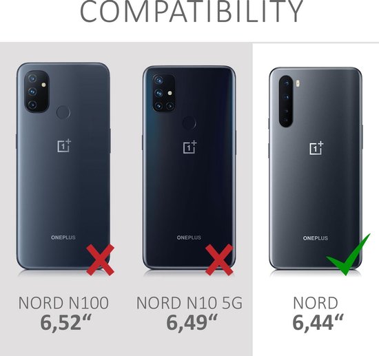 Compatibiliteitstest. Twee OnePlus telefoons met een rood kruis, één OnePlus Nord met een groen vinkje.