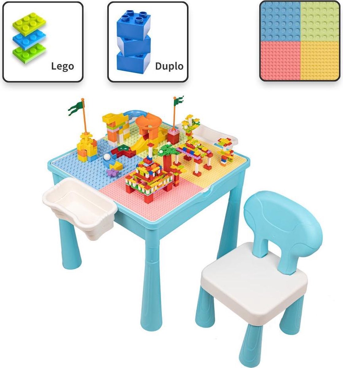 Merkloos Sans marque Decopatent Kindertafel Speeltafel met 1 Stoel & bouwplaat (Voor Lego & Duplo blokken) Bouwtafel Watertafel Boekenhouder