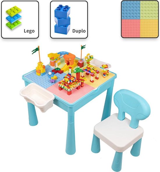 Decopatent® - Kindertafel - Speeltafel met 1 Stoel & bouwplaat (Voor Lego® & Duplo® blokken) Bouwtafel - Watertafel - Boekenhouder