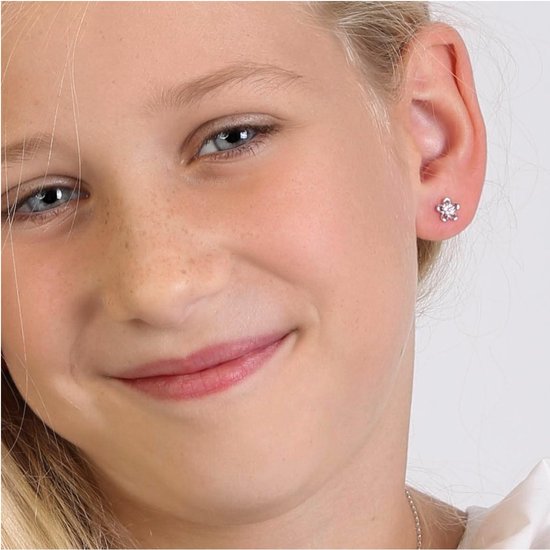 Boucles d'oreilles enfant en argent fleur avec zircone rose | bol.com