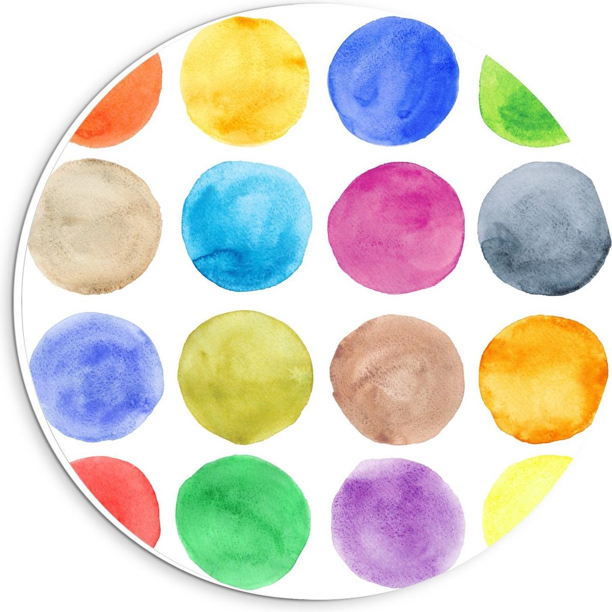 KuijsFotoprint - Schilderij - Verschillende Kleuren Rondjes Waterverf - Groen, Blauw, Bruin, Geel En Rood - 20 X 20 Cm