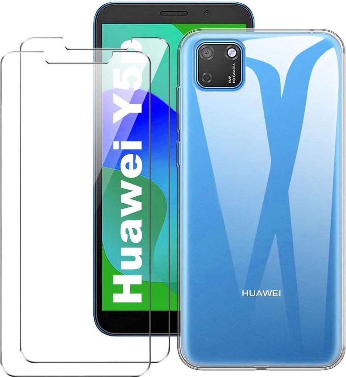 hoesje Geschikt voor: Huawei Y5P transparant silicone met 2 Pack Tempered glas Screen Protector