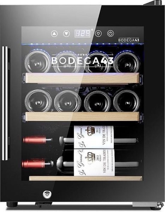 Koelkast: BODEGA43-12C - Design klein wijnkoelkast met compressor - 12 flessen - 3 houten lades - Vrijstaand wijnklimaatkast - Zwart, van het merk BODEGA43