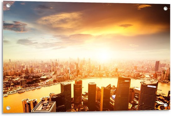 Tuinposter – Oranje Skyline - 90x60cm Foto op Tuinposter  (wanddecoratie voor buiten en binnen)