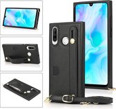 Voor Huawei P30 Lite polsband PU + TPU schokbestendige beschermhoes met crossbody lanyard & houder & kaartsleuf (zwart)