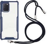 Voor Samsung Galaxy A41 acryl + kleur TPU schokbestendig hoesje met nekkoord (donkerblauw)