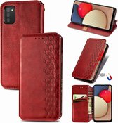 Voor Samsung Galaxy A02s (US Edition) Cubic Grid Pressed Horizontal Flip Magnetic PU Leather Case met houder & kaartsleuven & portemonnee (rood)