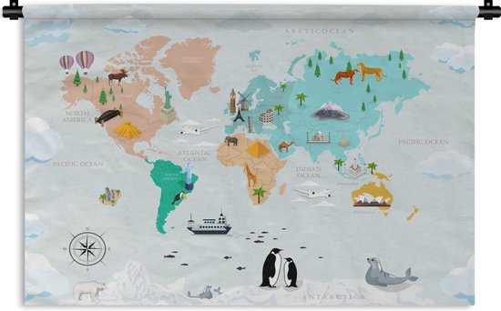 Wandkleed Trendy wereldkaarten - Wereldkaart met typische beelden Wandkleed katoen 90x60 cm - Wandtapijt met foto
