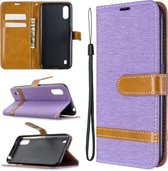 Voor Galaxy A01 Kleuraanpassing Denim Texture Horizontaal Flip Leather Case met houder & kaartsleuven & Wallet & Lanyard (paars)