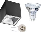 PHILIPS - Opbouwspot Set - SceneSwitch 827 36D - Prima Cliron Pro - GU10 Fitting - Dimbaar - Opbouw Vierkant - Mat Zwart/Zilver - 1.5W-5W - Warm Wit 2200K-2700K - Verdiept - 90mm