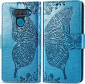 Butterfly Love Flowers reliÃ«f horizontale flip lederen case voor LG Q60, met houder & kaartsleuven & portemonnee & lanyard (blauw)
