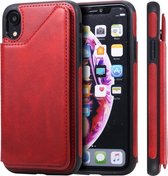 Voor iPhone XR schokbestendig kalfsleer beschermhoes met houder en kaartsleuven en frame (rood)