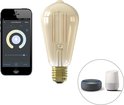 Gouden retro ledlamp met zichtbare filamenten, bediend via smartphone met Calex app en spraakassistenten.