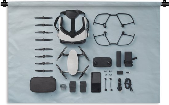 Wandkleed Knolling - Apparaten - Knolling lay-out van drone apparaten Wandkleed katoen 150x100 cm - Wandtapijt met foto