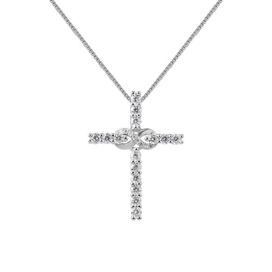 Ketting dames | Zilveren ketting met hanger, kruis met kristallen en oneindigheidsteken