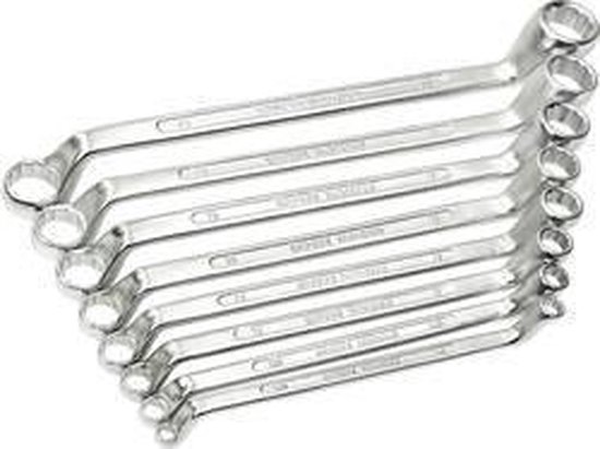 8-delige ringsleutelset van glanzend chroom-vanadium staal, maten 8-22 mm.
