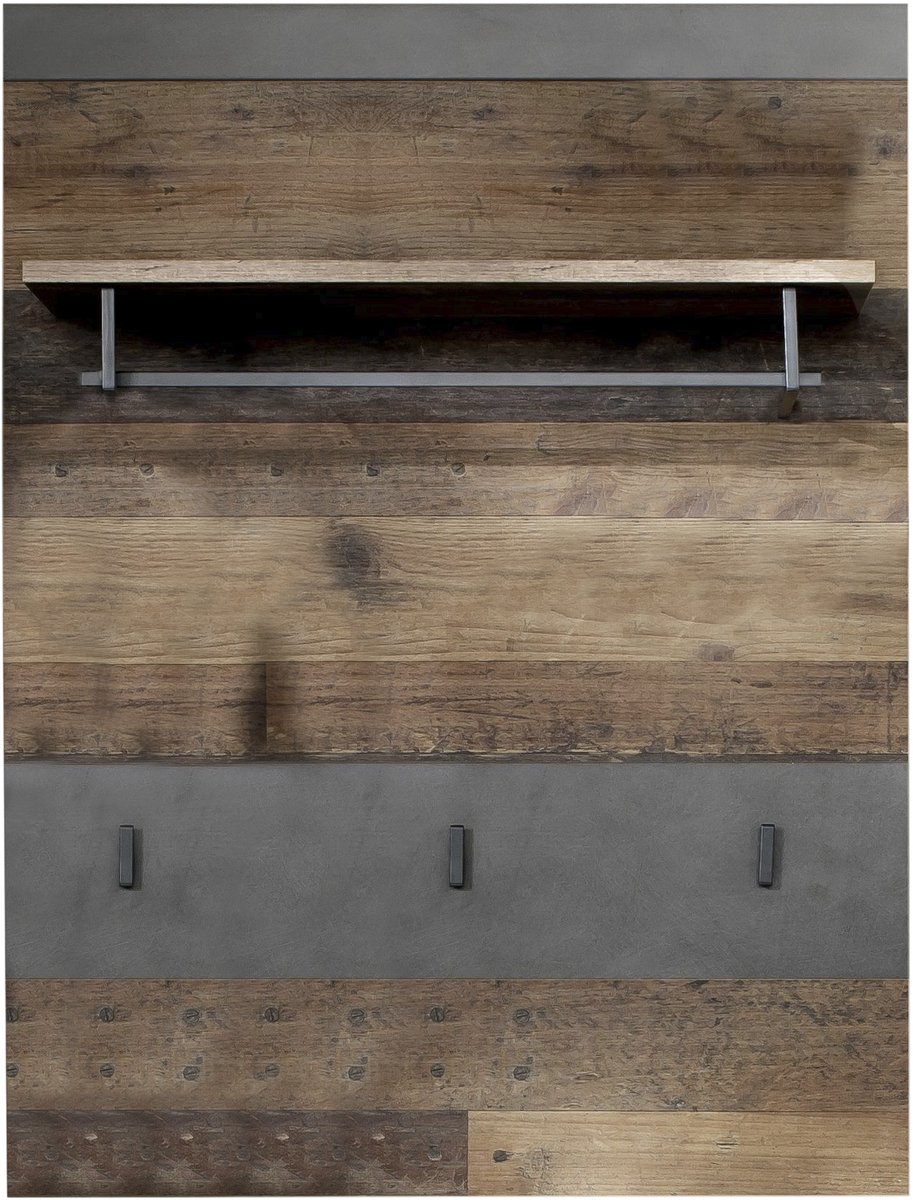 Irwin kapstok 1 plank, 1 kledingstang en 3 haken, grijs Matera decor, Old Wood decor.