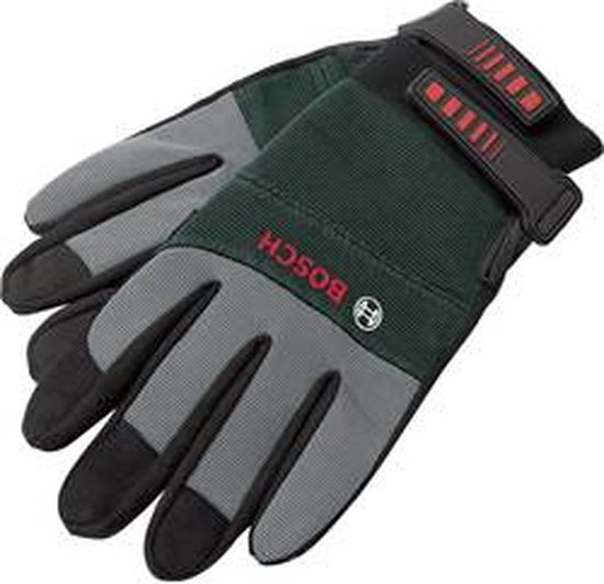 Bosch werkhandschoenen in grijs, zwart en groen met rode klittenbandsluitingen.