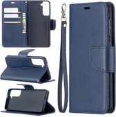 Voor Samsung Galaxy S21 5G Lamsleer Textuur Pure Kleur Horizontale Flip PU Lederen Case met Houder & Kaartsleuven & Portemonnee & Lanyard (Blauw)