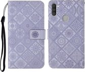Voor Samsung Galaxy M11 etnische stijl reliëf patroon horizontale flip lederen tas met houder & kaartsleuven & portemonnee & lanyard (paars)