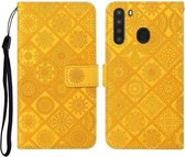 Voor Samsung Galaxy A21 etnische stijl reliëf patroon horizontale flip lederen tas met houder & kaartsleuven & portemonnee & lanyard (geel)