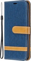 Kleurafstemming Denim Texture Leather Case voor Samsung Galaxy A20E, met houder & kaartsleuven & portemonnee & lanyard (marineblauw)