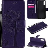 Voor Sony Xperia L4 Tree & Cat reliÃ«fpatroon Horizontale flip lederen tas met houder & kaartsleuven & portemonnee & lanyard (paars)