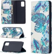 Voor Samsung Galaxy A02s (EU-versie) Gekleurd tekeningpatroon Onzichtbaar magnetisch horizontaal Flip PU-lederen hoes met houder & kaartsleuven en portemonnee (blauwe bladeren)