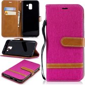 Kleurafstemming Denim Texture Leather Case voor Galaxy J6, met houder & kaartsleuven & portemonnee & lanyard (rozerood)
