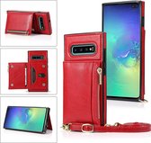 Voor Samsung Galaxy S10 Vierkante Rits Portemonnee Tas TPU + PU Achterkant Case met Houder & Kaartsleuven & Portemonnee & Cross-body Riem (Rood)