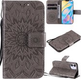 Voor iPhone 12 Geperst Afdrukken Zonnebloempatroon Horizontale Flip PU-lederen Case Houder & kaartsleuven & Portemonnee & Lanyard (grijs)