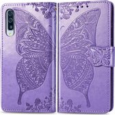Butterfly Love Flowers Embossing Horizontale Flip Leather Case voor Galaxy A70, met houder & kaartsleuven & portemonnee & lanyard (lichtpaars)