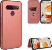 Voor LG K41S / K51S Koolstofvezel Textuur Magnetische Horizontale Flip TPU + PC + PU lederen tas met kaartsleuf (bruin)