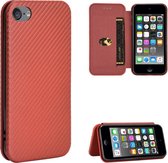 Voor iPod Touch 5/6/7 Koolstofvezel Textuur Magnetische Horizontale Flip TPU + PC + PU lederen tas met kaartsleuf (bruin)