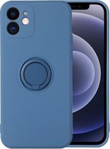 Effen kleur vloeibare siliconen schokbestendige volledige dekking beschermhoes met ringhouder voor iPhone 12 Pro Max (saffierblauw)