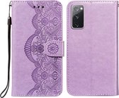 Voor Samsung Galaxy S20 FE Flower Vine Embossing Pattern Horizontale Flip Leather Case met Card Slot & Holder & Wallet & Lanyard (Purple)
