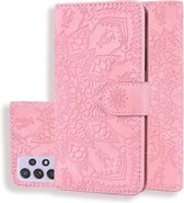 Reliëf zonnebloempatroon horizontale flip PU lederen tas met houder & kaartsleuven & portemonnee & lanyard voor Samsung Galaxy A52 5G (roze)