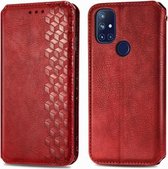 Voor OnePlus N10 Cubic Grid Pressed Horizontal Flip Magnetic PU Leather Case met houder & kaartsleuven & portemonnee (rood)