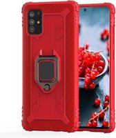 Voor Galaxy A71 koolstofvezel beschermhoes met 360 graden roterende ringhouder (rood)