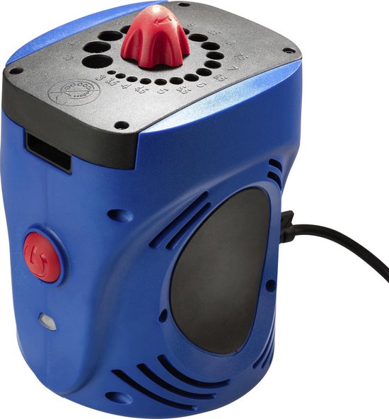 Blauw apparaat met zwarte bovenkant en rode draaiknop. Cirkel met maten van 3 tot 13 mm. Kabel aan de zijkant.