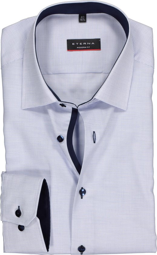 ETERNA modern fit overhemd - structuur heren overhemd - lichtblauw met wit (donkerblauw contrast) - Strijkvrij - Boordmaat: 46