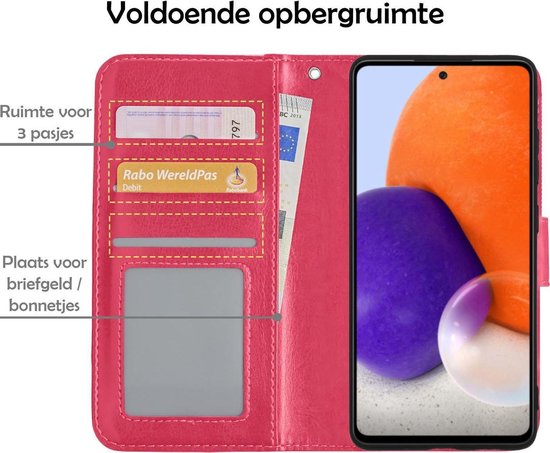Étui pour Samsung A72 Book avec 2x protecteur d'écran - Étui portefeuille pour Samsung Galaxy A72 - Étui Samsung A72 avec 2x protecteur d'écran - Rose foncé