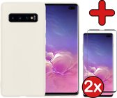 Samsung S10 Hoesje Wit Siliconen Case Met 2x Screenprotector - Samsung Galaxy S10 Hoes Silicone Cover Met 2x Screenprotector - Wit