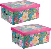 3x stuks opbergdoos/opberg box van karton met bloemen print roze 51 x 37 x 24 cm - Inhoud 45 liter - Doos met deksel en handvatten