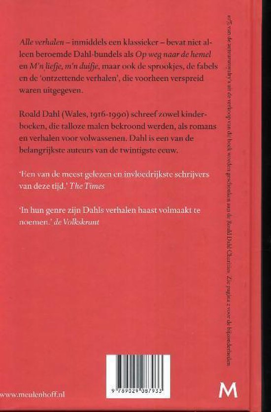 Achterkant van het boek 'Alle verhalen' met tekst over Roald Dahl en een barcode.