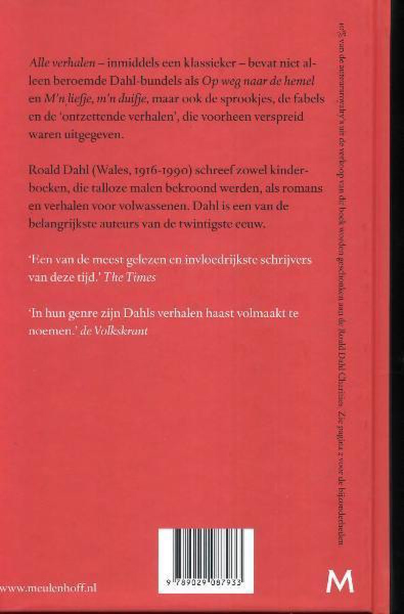 Achterkant van het boek 'Alle verhalen' met tekst over Roald Dahl en een barcode.