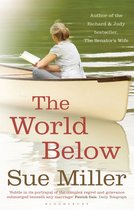 Boekcover 'The World Below' van Sue Miller, met een vrouw in een kano die leest. Tekst: 'Author of the Richard & Judy bestseller, The Senator's Wife', 'The World Below', 'Sue Miller', en recensies.