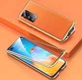 Voor Huawei P40 schokbestendige magnetische attractie lederen bord + gehard glazen hoesje met cameralens beschermhoes (oranje)