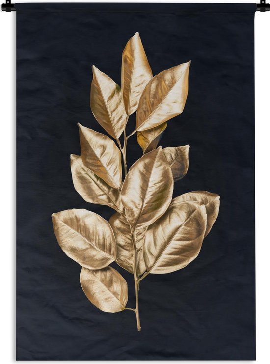 Wandkleed Golden leaves staand - Gouden bladeren aan een tak op een zwarte achtergrond Wandkleed katoen 90x135 cm - Wandtapijt met foto