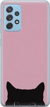 Samsung Galaxy A52 siliconen hoesje - Zwarte kat - Soft Case Telefoonhoesje - Roze - Print